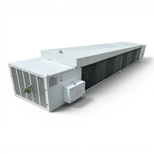 Used Larkin LFA-190AEE Low Velocity Evaporator #3206 — supplier gallery view 1; Front-left view of a used Larkin LFA-190AEE low velocity evaporator #3206, a white fan coil unit with a louvered fan compartment and Larkin logo.