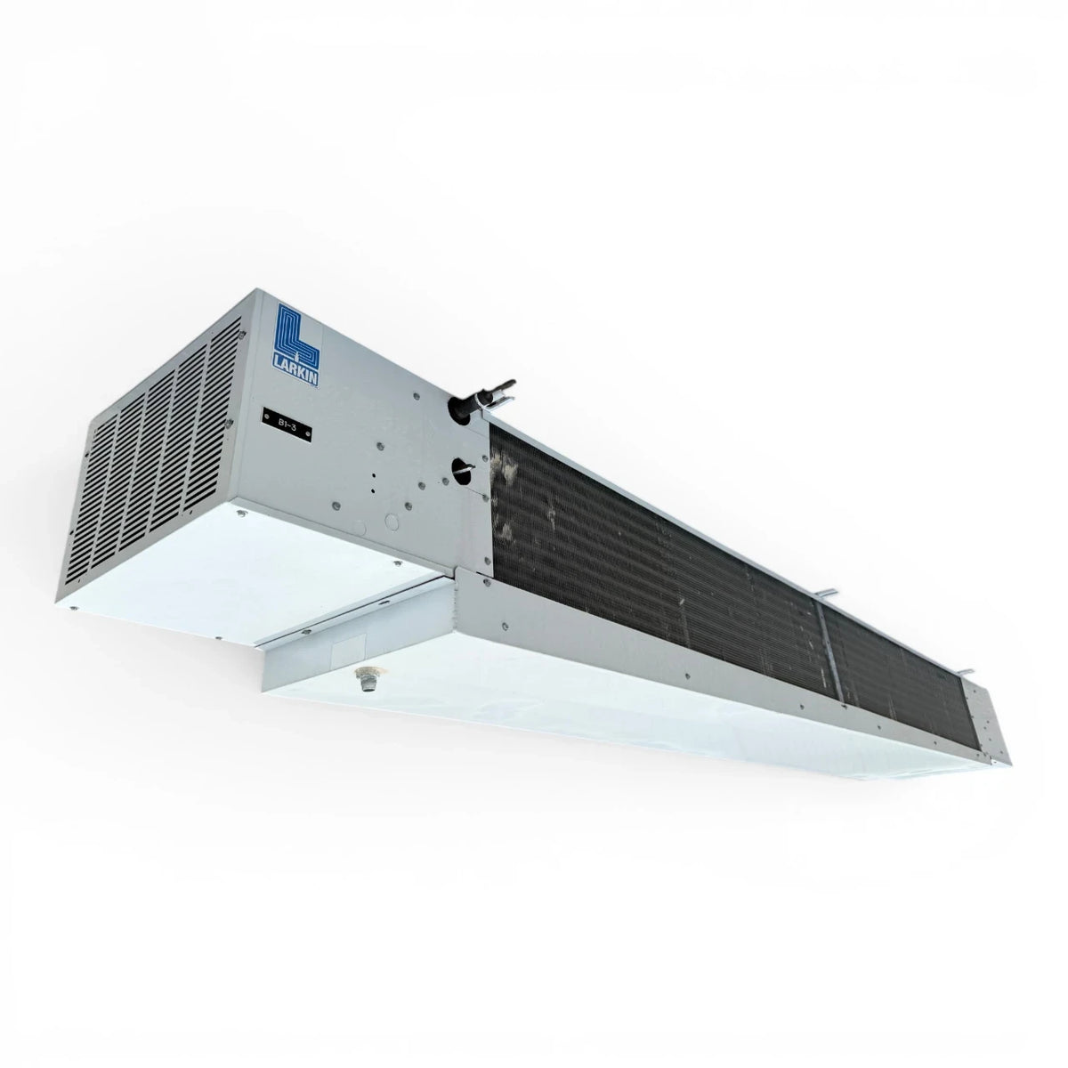 Used Larkin LFA-230AEK Low Velocity Evaporator #3297 — supplier gallery view 1; Front-left view of a used Larkin LFA-230AEK low velocity evaporator #3297, a white fan coil unit with three round blue-grille fans.