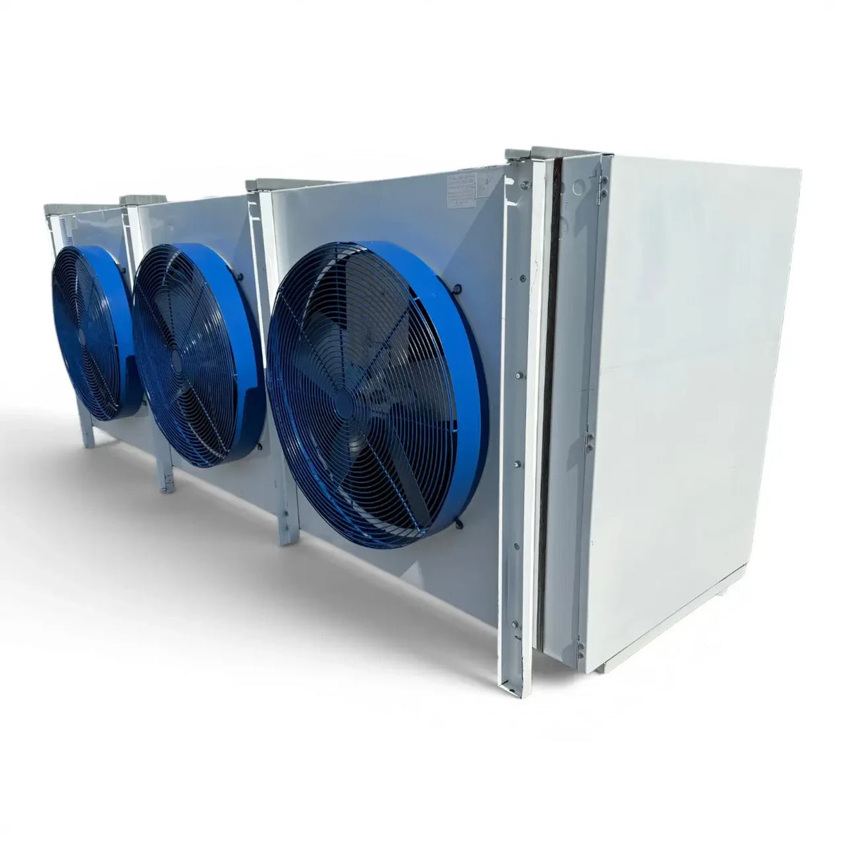 Used Larkin LHL4-1050DA Evaporator #3127 — supplier gallery view 3; Front-right view of the used Larkin LHL4-1050DA evaporator #3127, showing the cabinet side panel and rating labels.