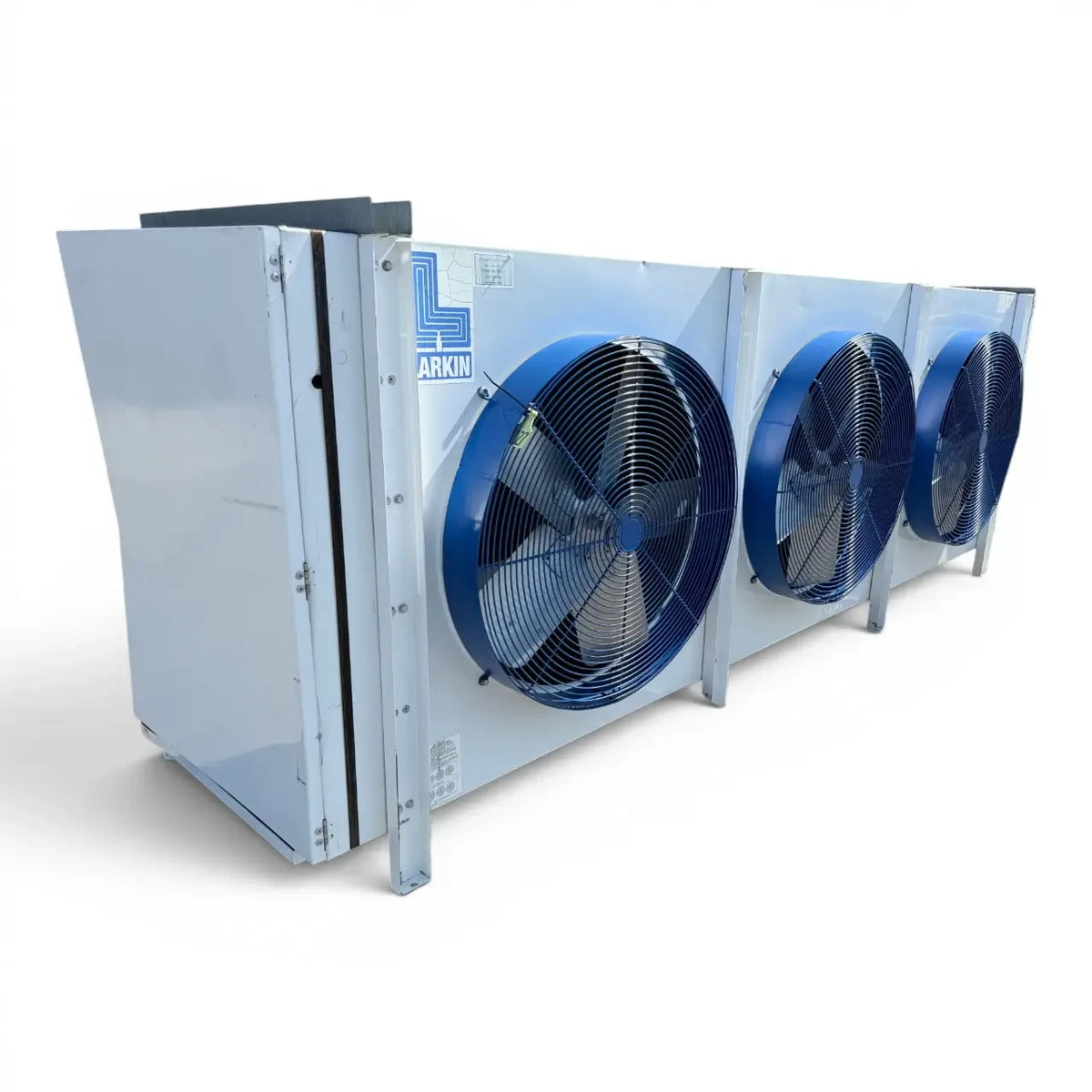 Used Larkin LHL4-1050DA Evaporator #3127 — supplier gallery view 1; Front-left view of a used Larkin LHL4-1050DA evaporator #3127, a gray fan coil unit with three round black-grille fans and a Larkin logo.