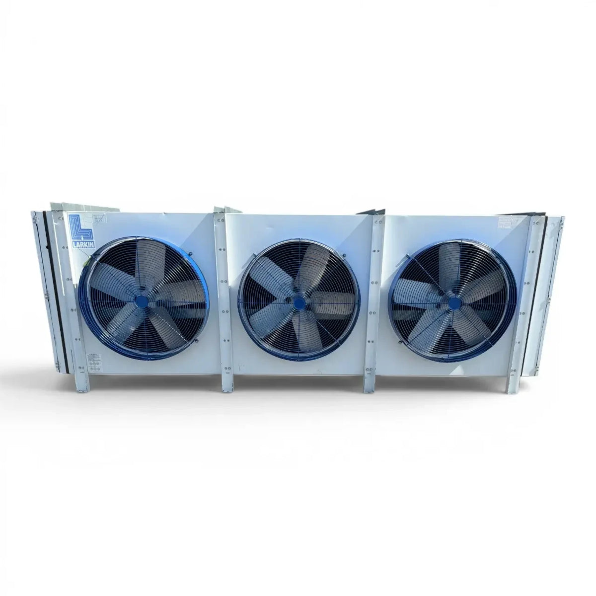 Used Larkin LHL4-1050DA Evaporator #3127 — supplier gallery view 2; Straight-on view of the used Larkin LHL4-1050DA evaporator #3127, showing the three round black-grille fans.