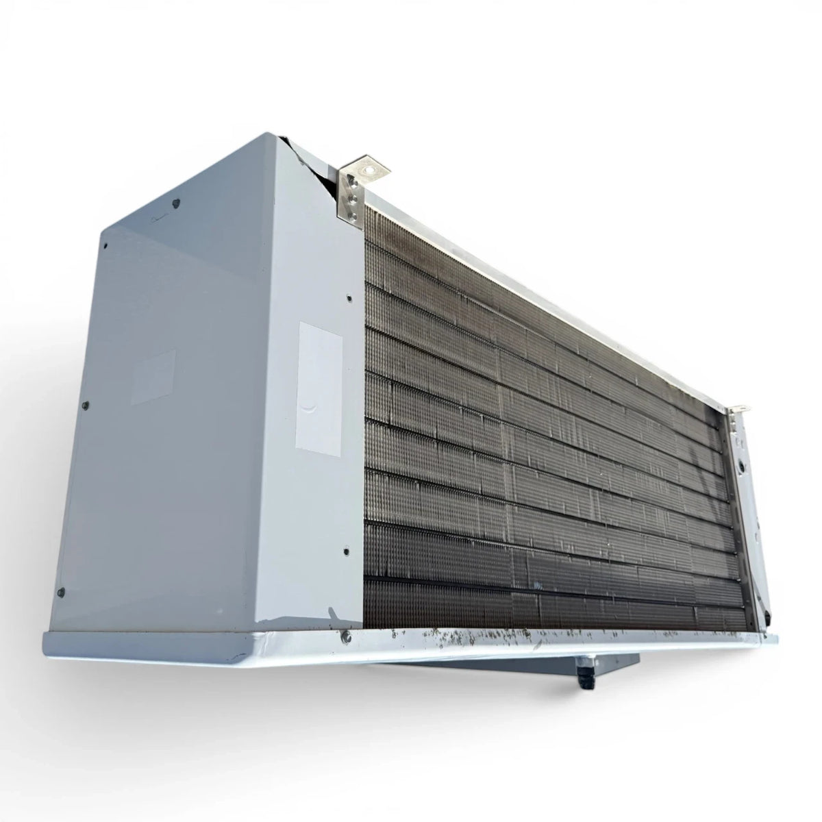 Used Larkin MLT4-165CA Evaporator #2180 — supplier gallery view 4; Front-left view of a used Larkin MLT4-165CA evaporator #2180, a white fan coil unit with two round blue-grille fans and a Larkin logo.