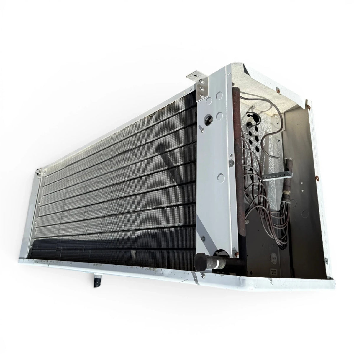Used Larkin MLT4-165CA Evaporator #2180 — supplier gallery view 5; Front-right view of the used Larkin MLT4-165CA evaporator #2180, showing the cabinet side panel, coil compartment, and rating labels.