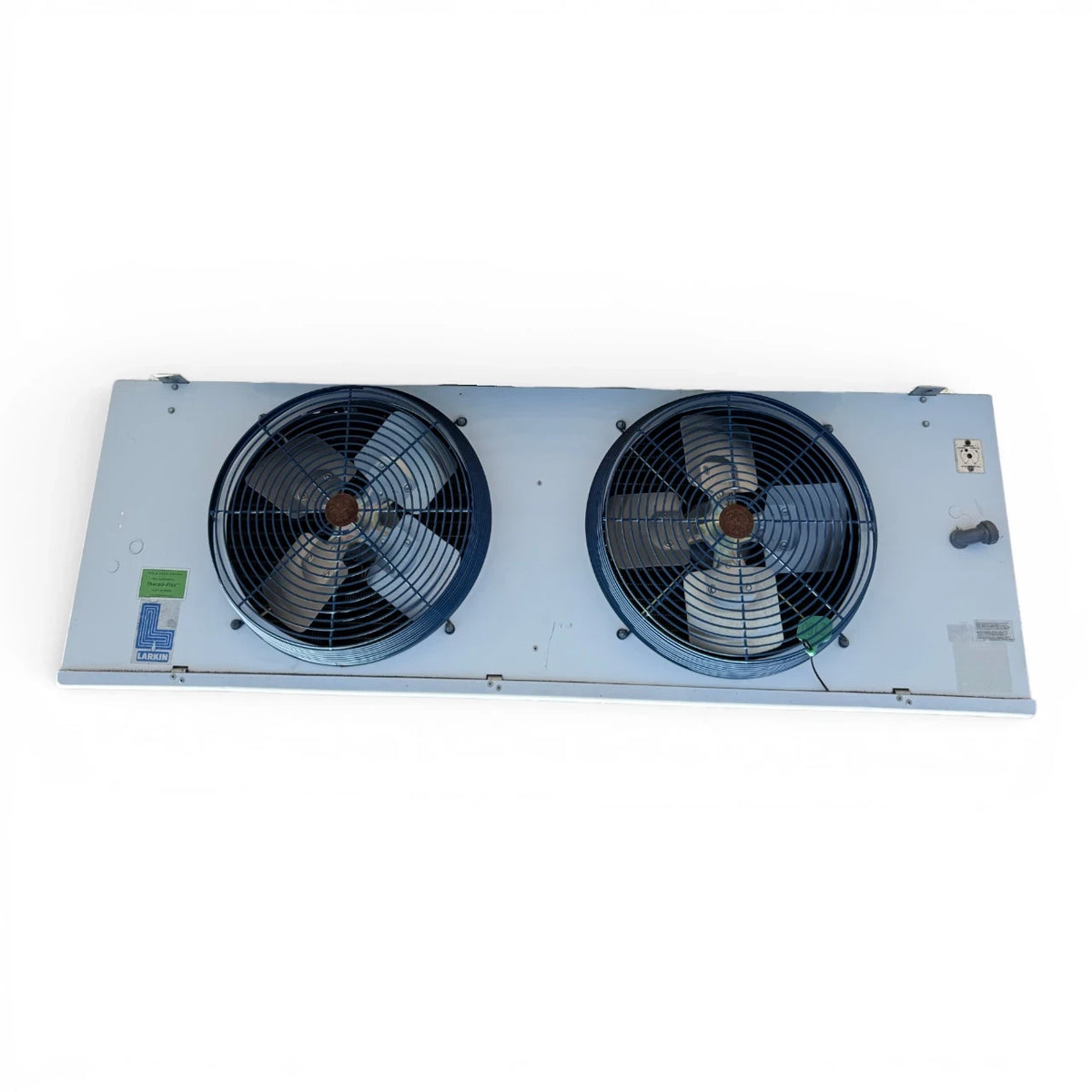 Used Larkin MLT4-165CA Evaporator #2180 — supplier gallery view 2; Straight-on view of the used Larkin MLT4-165CA evaporator #2180, showing the two round blue-grille fans.