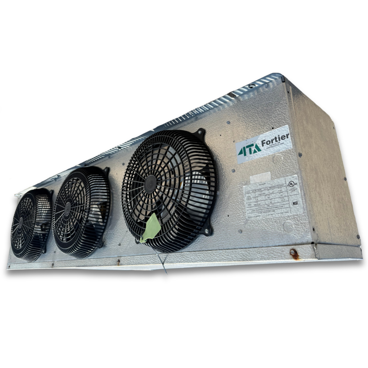 Used Russell AE36-140B Evaporator #535 — supplier gallery view 1; Used gray evaporator with three fans front side view showing labels.
