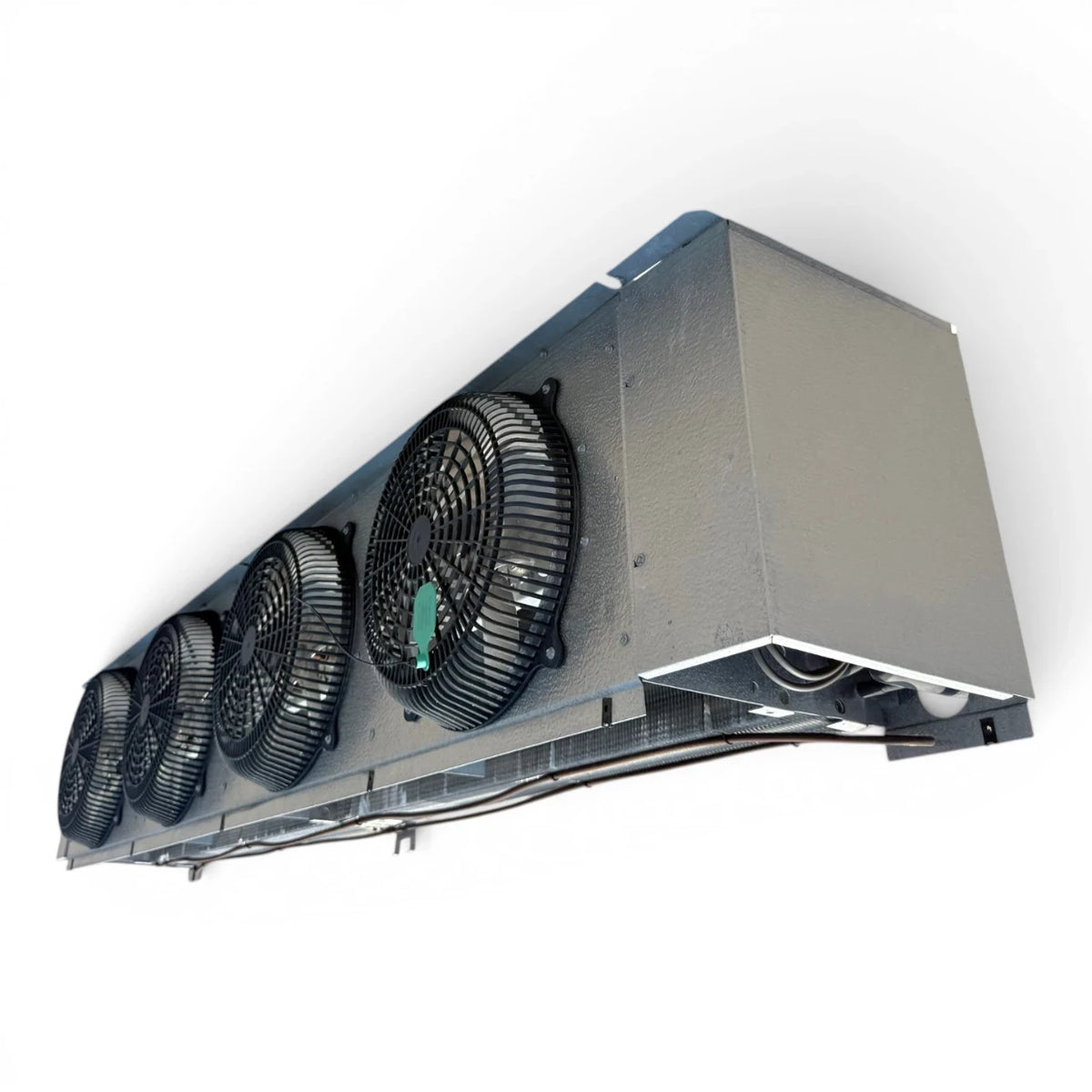 Used Russell AE44-140B-E Evaporator #2148 — supplier gallery view 3; Front-right view of the used Russell AE44-140B-E evaporator #2148, showing the fan compartment, rating labels, and airflow direction arrows.