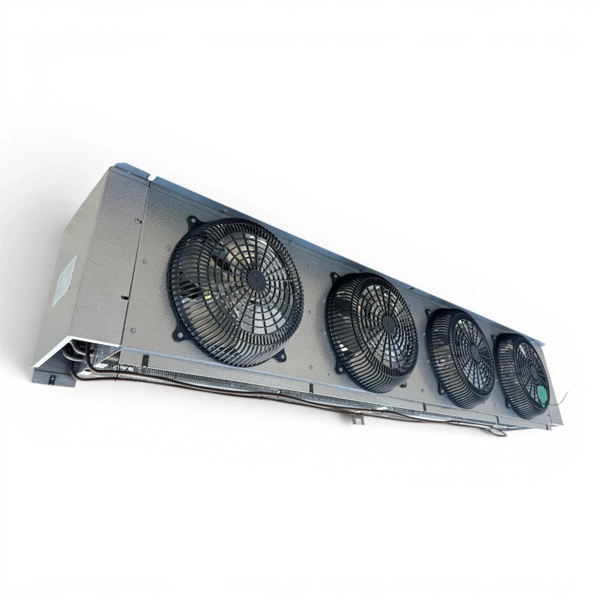 Used Russell AE44-140B-E Evaporator #2148 — supplier gallery view 1; Front-left view of a used Russell AE44-140B-E evaporator #2148, a gray fan coil unit with two round white-grille fans and two exposed propeller fans, with a Russell logo.