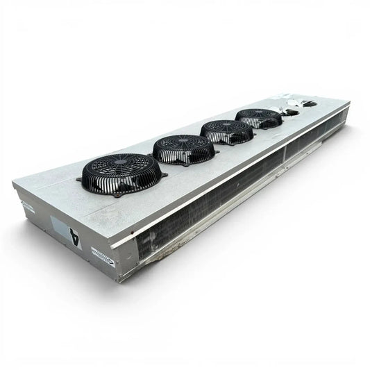 Used Russell CTA68-250 Center Mount Evaporator #658 — supplier gallery view 1; Front-left view of a used Russell CTA68-250 center mount evaporator #658, a gray fan coil unit with three round black-grille fans and two exposed propeller fans, with a Russell logo.