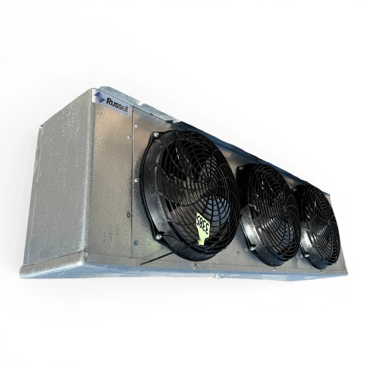 Used Russell RL6E-121D Evaporator #3385 — supplier gallery view 3; Front-left view of a used Russell RL6E-121D evaporator #3385, a gray fan coil unit with three round black-grille fans, a Russell logo, and inventory tag "3385".