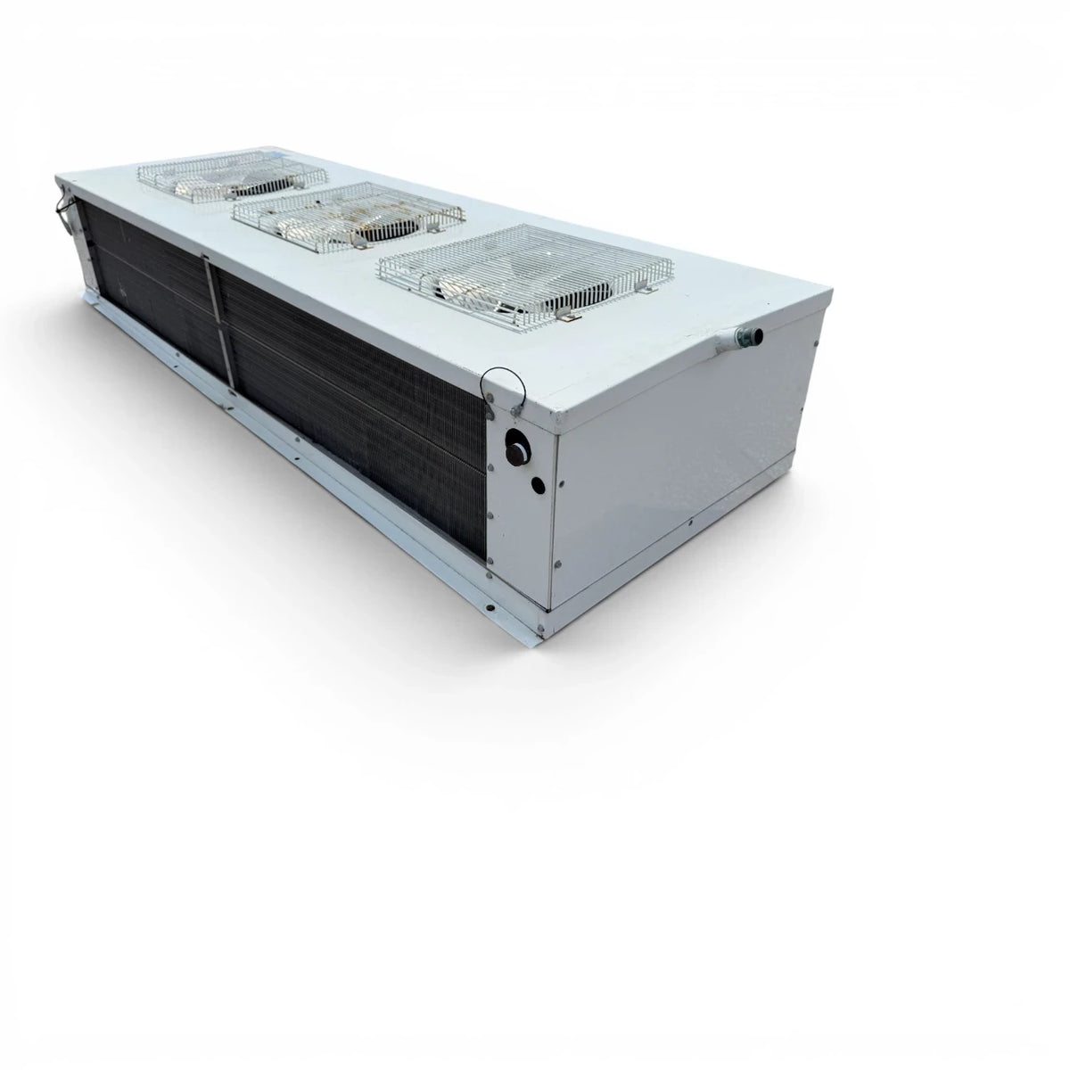 Used Bohn WK-180AEC Low Velocity Evaporator — supplier gallery view 3; Front-right view of the used Bohn WK-180AEC low velocity evaporator, showing the cabinet side panel and coil compartment.v