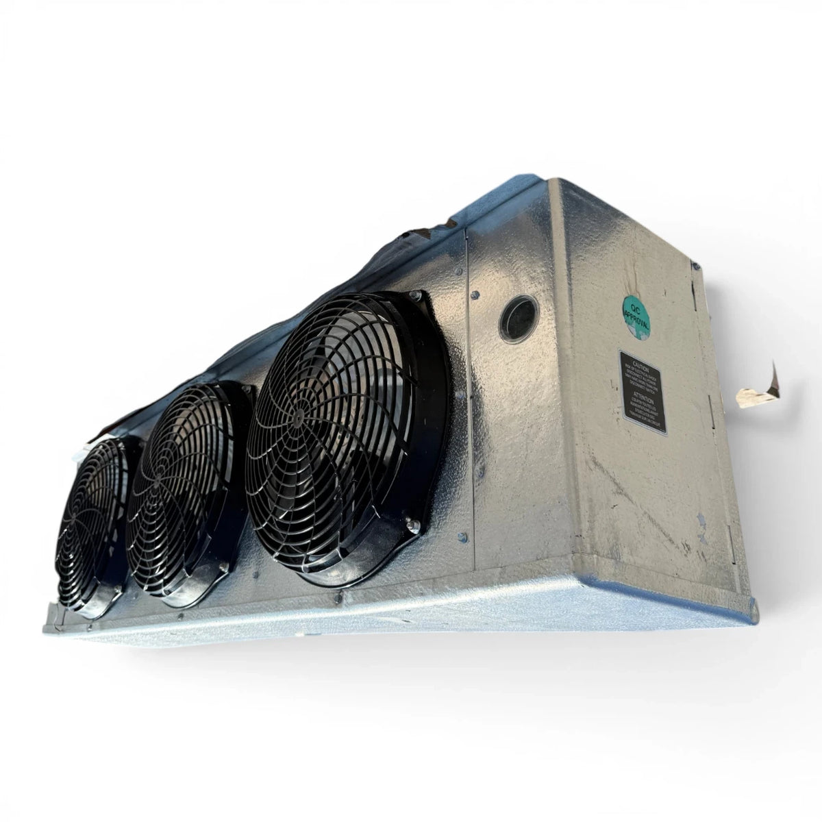 Used Russell RL6E-121D Evaporator #3385 — supplier gallery view 1; Front-right view of the used Russell RL6E-121D evaporator #3385, showing the cabinet side panel and rating labels.