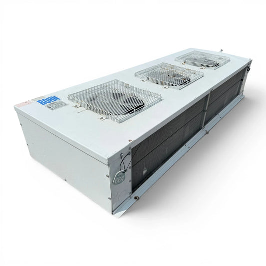 Used Bohn WK-180AEC Low Velocity Evaporator — supplier gallery view 1; Front-left view of a used Bohn WK-180AEC low velocity evaporator, a white fan coil unit with three square grille fans.