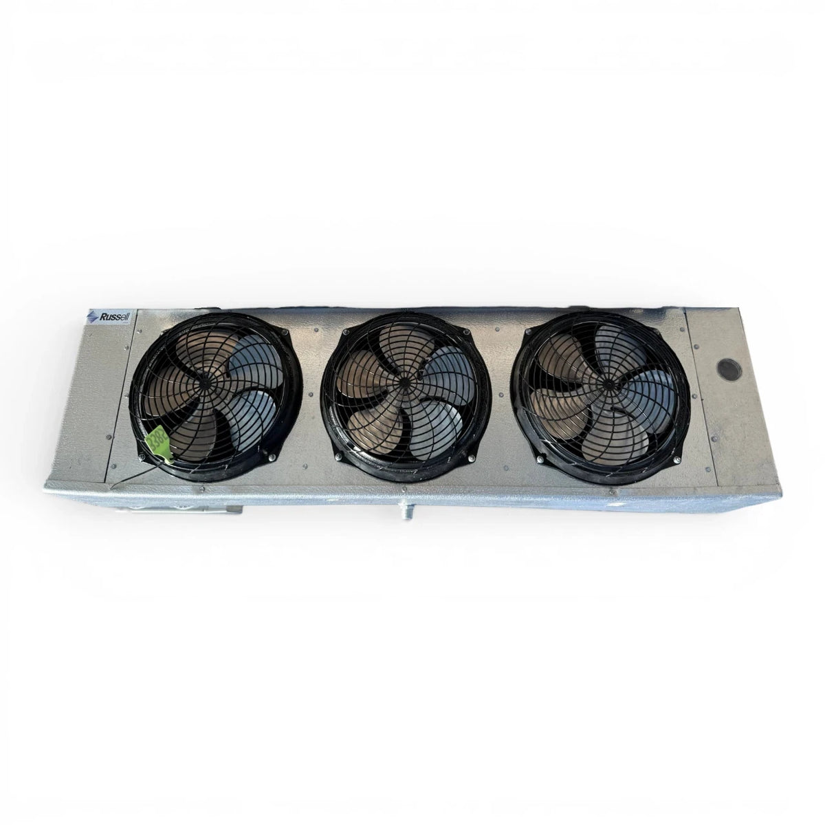 Used Russell RL6E-121D Evaporator #3385 — supplier gallery view 2; Straight-on view of the used Russell RL6E-121D evaporator #3385, showing the three round black-grille fans.