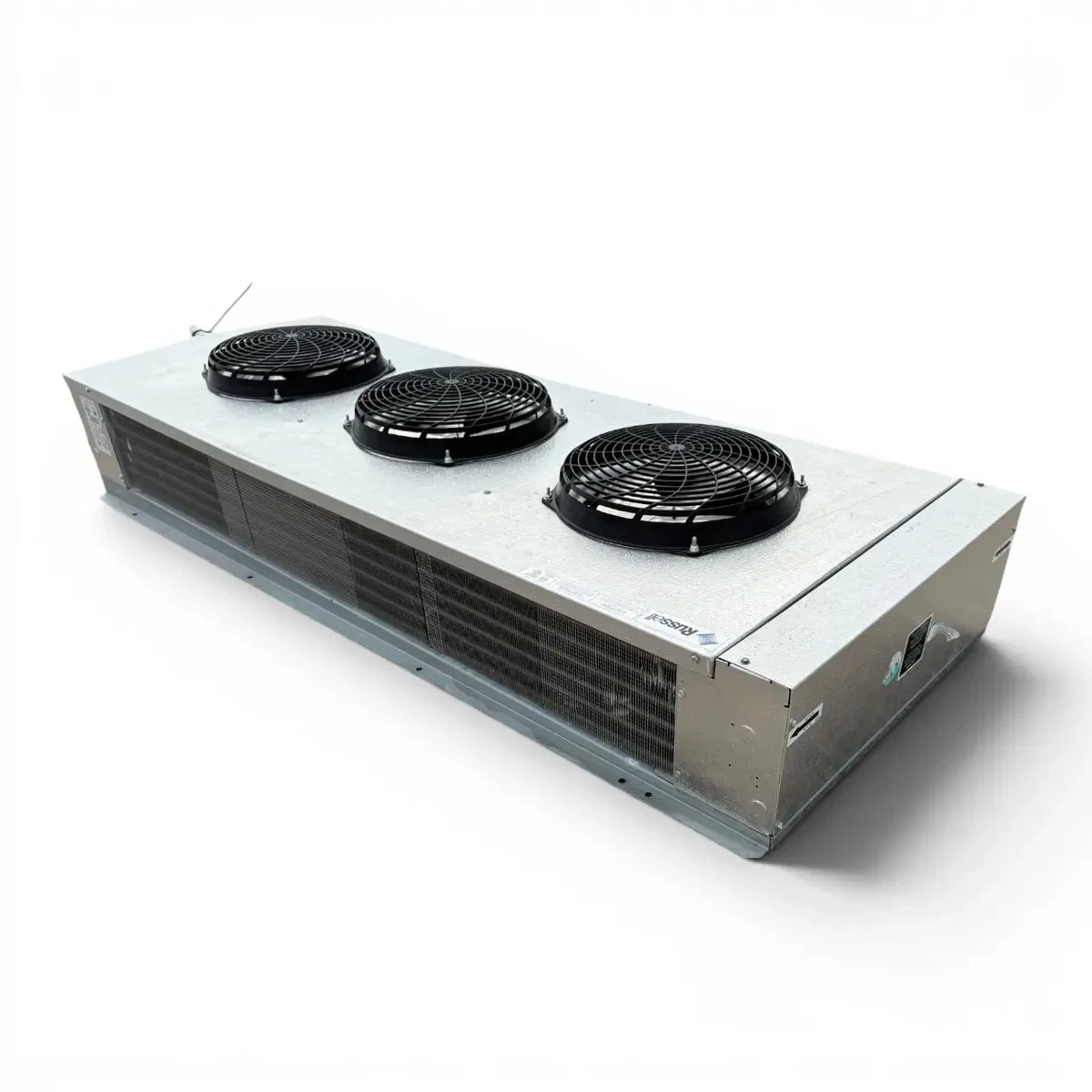Used Russell RV6E-129DD Low Velocity Evaporator #2142 — supplier gallery view 3; Front-right view of the used Russell RV6E-129DD low velocity evaporator #2142, showing the cabinet side panel and rating labels.