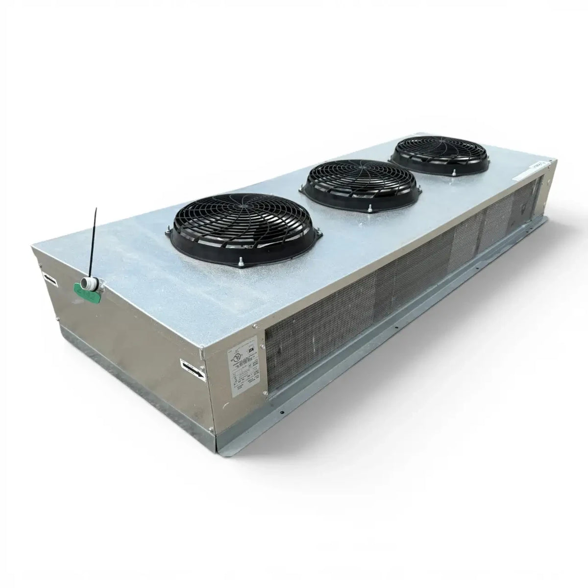 Used Russell RV6E-129DD Low Velocity Evaporator #2142 — supplier gallery view 1; Front-left view of a used Russell RV6E-129DD low velocity evaporator #2142, a gray fan coil unit with three round black-grille fans and a Russell logo.