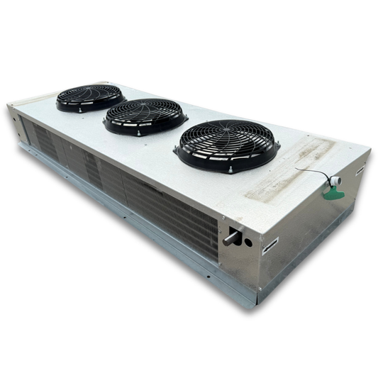 Used Russell RWF-130AE Low Velocity Evaporator #1057 — supplier gallery view 1; Silver evaporator with three fans front side view showing labels.