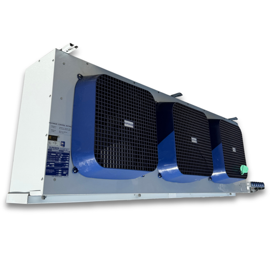 Used Superior EMP4-290-2 Evaporator #1105 — supplier gallery view 1; Used gray/blue evaporator with three fans front side view showing labels.