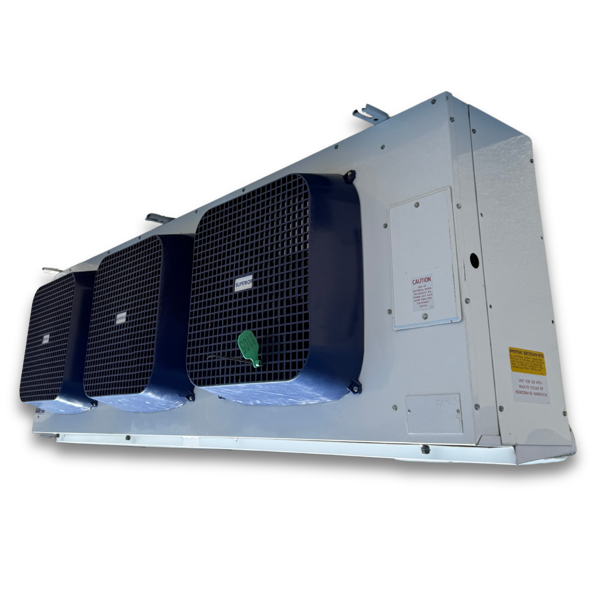 Used Superior EMP4-290-2 Evaporator #1105 — supplier gallery view 3; Used gray/blue evaporator with three fans front side view showing labels.