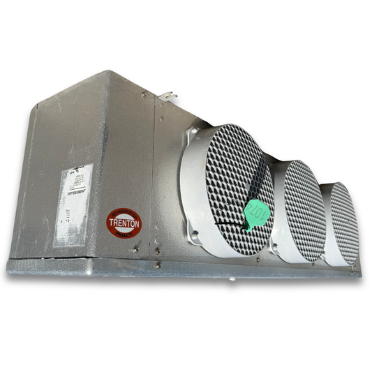 Used Trenton TLP-320-ME Evaporator #1074 — supplier gallery view 1; Used gray evaporator with three fans front side view showing labels.