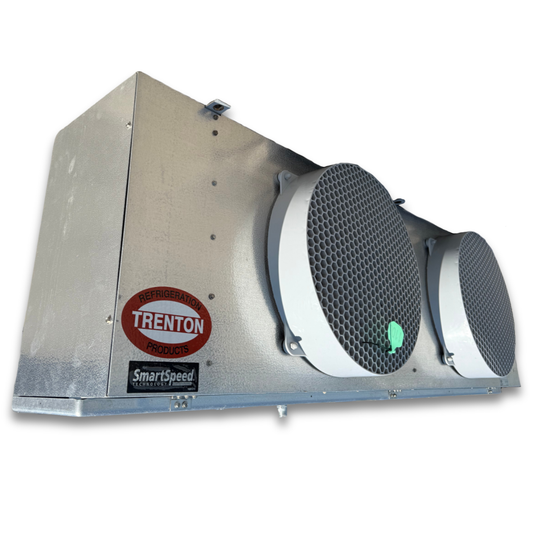 Used Trenton TMP-236ME Evaporator #1106 — supplier gallery view 1; Used gray evaporator with two fans front side view showing labels.