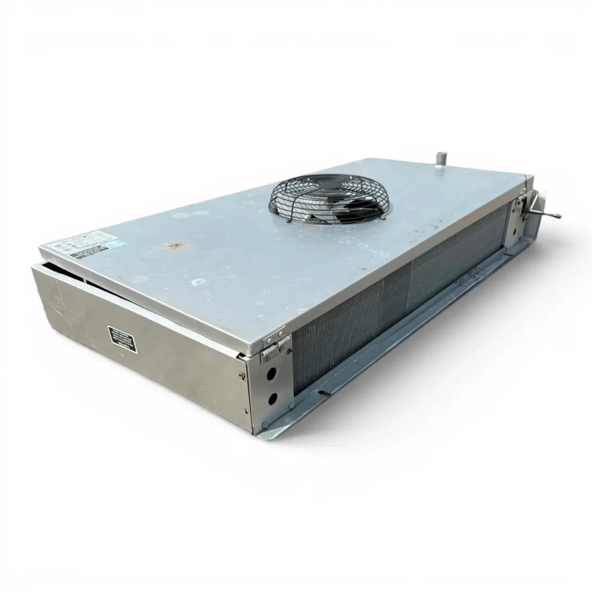 Used Tyler EFA-050MA Low Velocity Evaporator #98 — supplier gallery view 3; Front-left view of a used Tyler EFA-050MA low velocity evaporator #98, a gray fan coil unit with a single round black-grille fan.