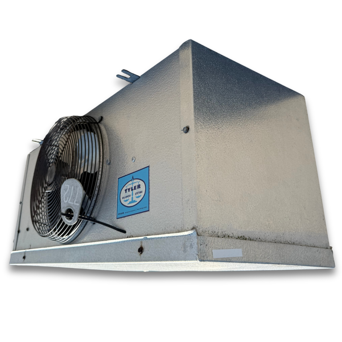 Used Tyler MMA-050 Evaporator #772 — supplier gallery view 3; Used gray evaporator with one fans front side view showing labels.