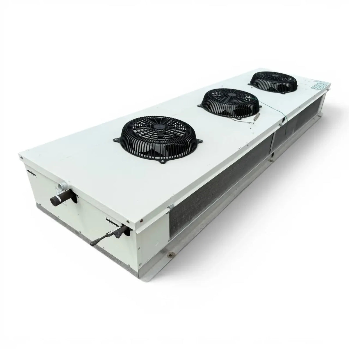 Used Zerozone RWF-130AE Low Velocity Evaporator #2140 — supplier gallery view 1; Front-left view of a used Zerozone RWF-130AE low velocity evaporator #2140, a white fan coil unit with three round black-grille fans and a Zero Zone logo.