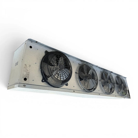 Used Witt SE46-185B Evaporator #3295 — supplier gallery view 1; Front-left view of a used Witt SE46-185B evaporator #3295, a gray fan coil unit with three round black-grille fans and one exposed propeller fan.