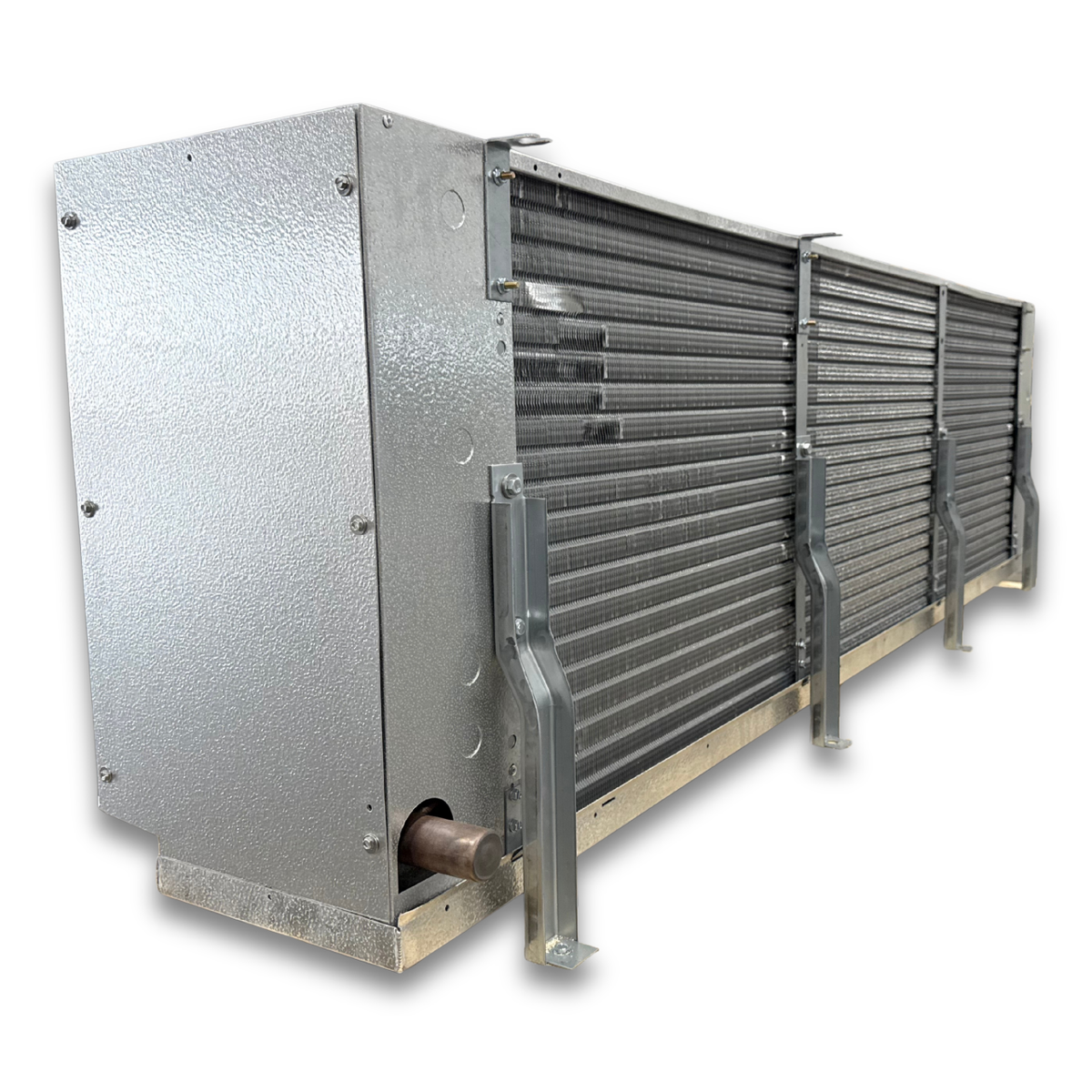 Krack MKD36A-0435RVB Air Defrost Evaporator — supplier gallery view 4; Silver evaporator with front side view showing labels.