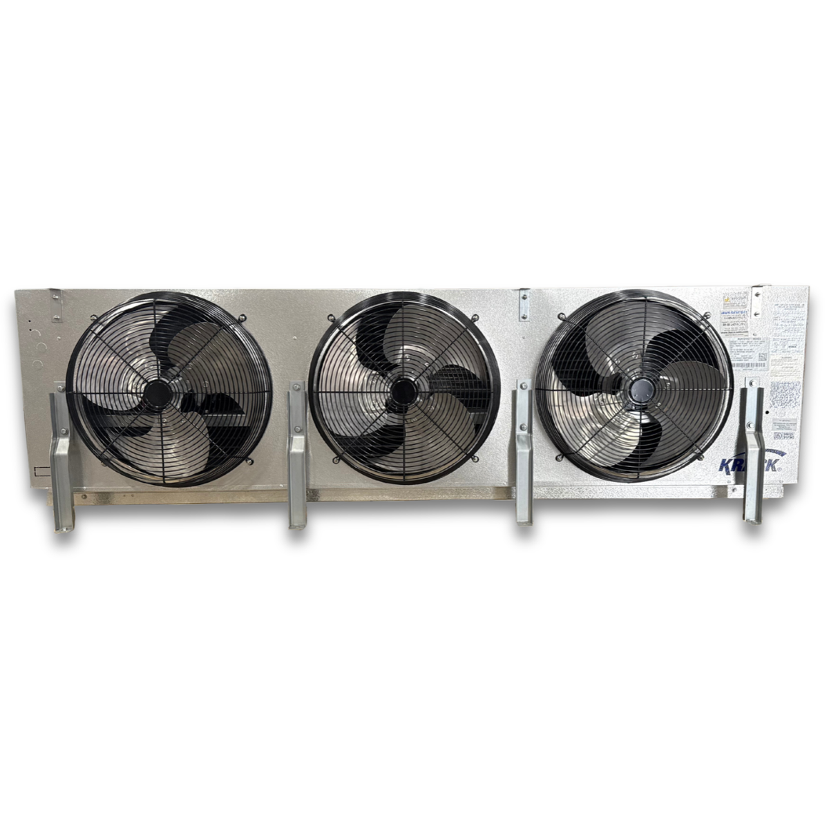 Krack MKD36A-0435RVB Air Defrost Evaporator — supplier gallery view 2; Silver evaporator with three fans front view.