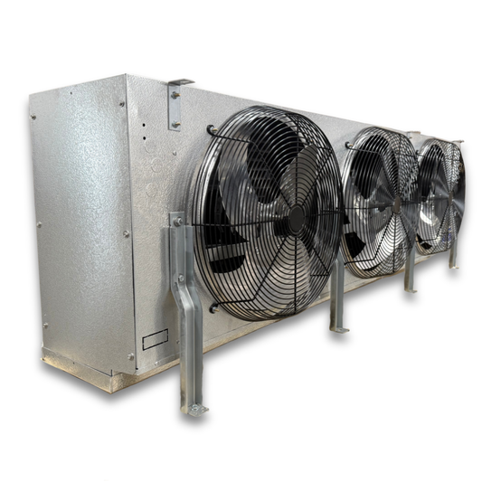 Krack MKD36A-0435RVB Air Defrost Evaporator — supplier gallery view 1; Silver evaporator with three fans front side view showing labels.