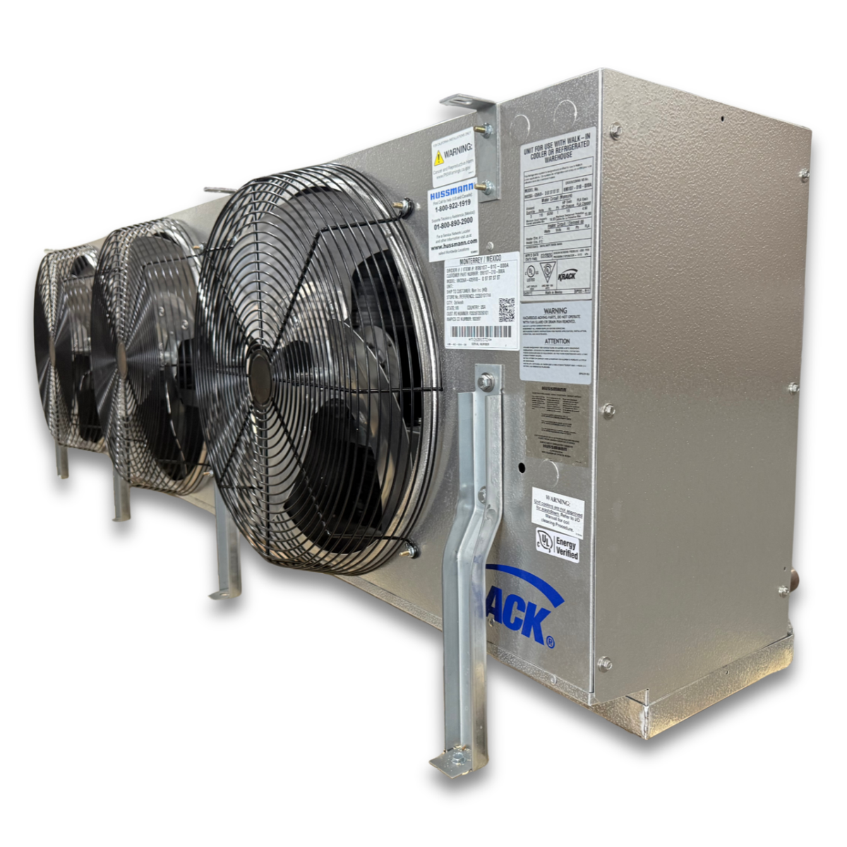 Krack MKD36A-0435RVB Air Defrost Evaporator — supplier gallery view 3; Silver evaporator with three fans front side view showing labels.