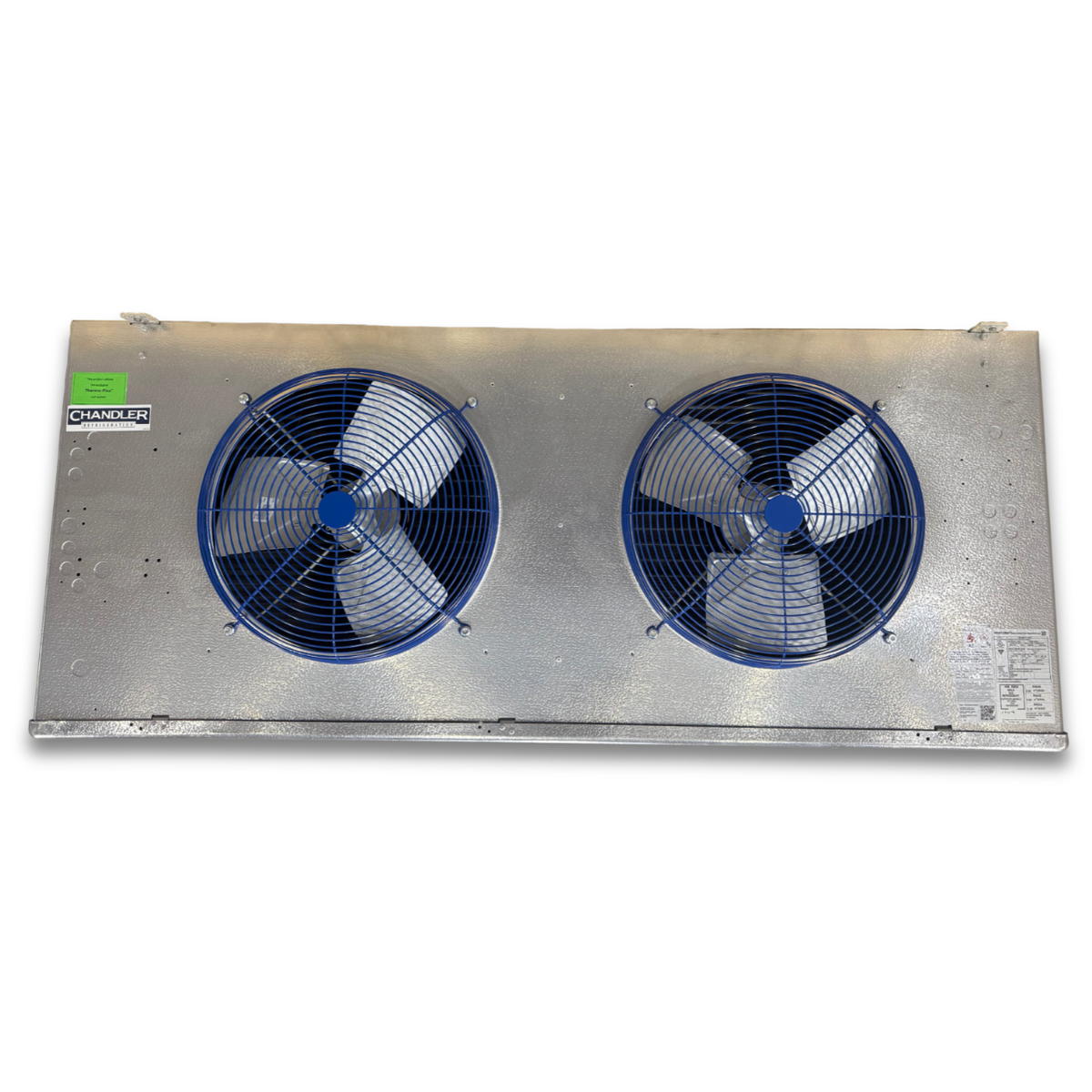 Chandler HEM0475AY8AMAG0210 Air Defrost Evaporator with IntelliGen Controller — supplier gallery view 2; Silver evaporator with two fans front view.