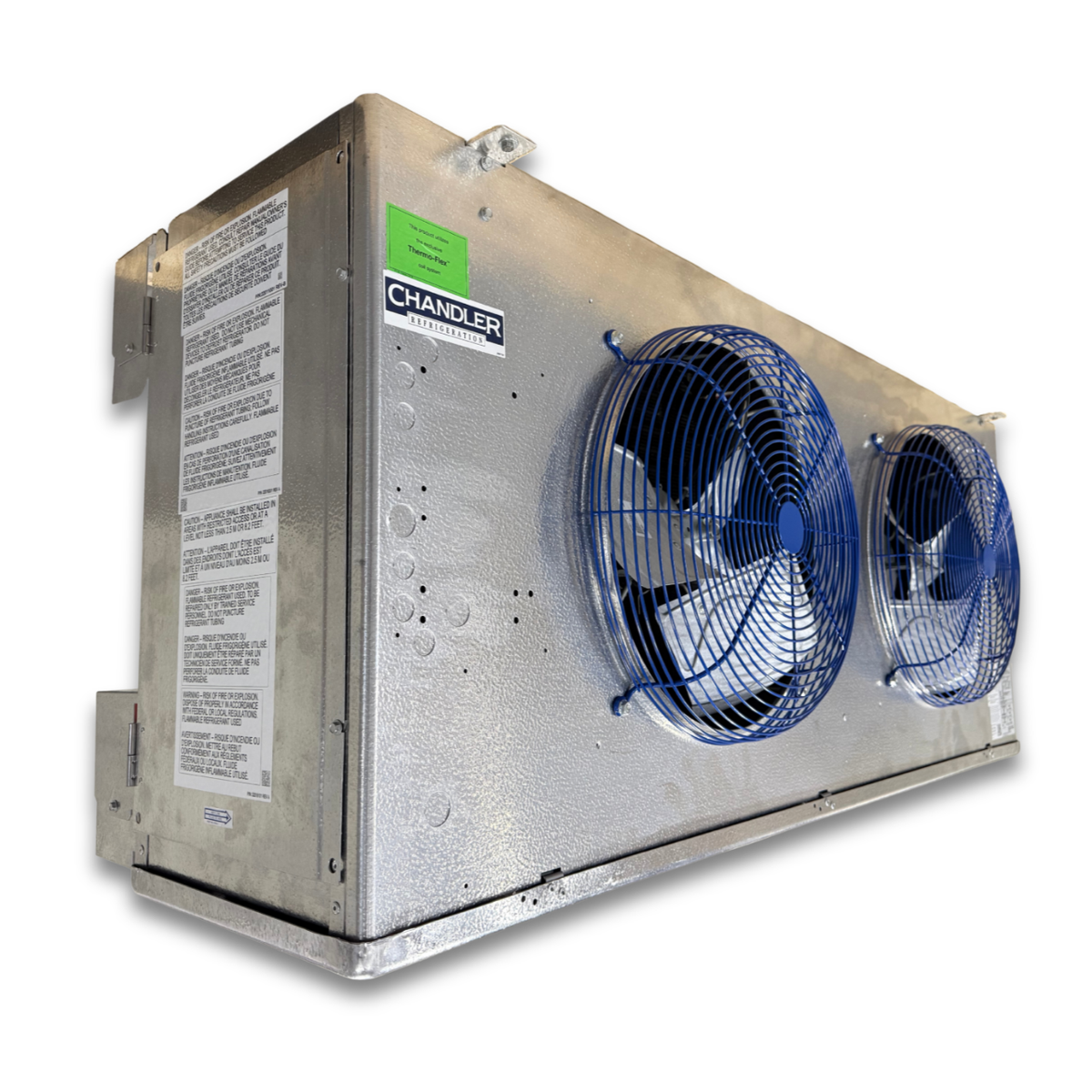 Chandler HEM0475AY8AMAB0000 Air Defrost Evaporator — supplier gallery view 1; Silver evaporator with two fans front side view showing labels.