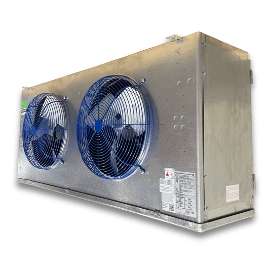 Surplus Climate Control CEM-0475BS8AMBDB554 Air Defrost Evaporator — supplier gallery view 1; Silver evaporator with two fans front side view showing labels.