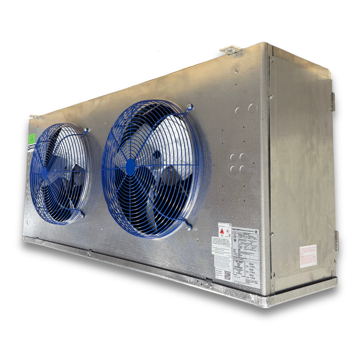 Surplus Climate Control CEM-0475BS8AMBDB556 Air Defrost Evaporator — supplier gallery view 1; Silver evaporator with two fans front side view showing labels.