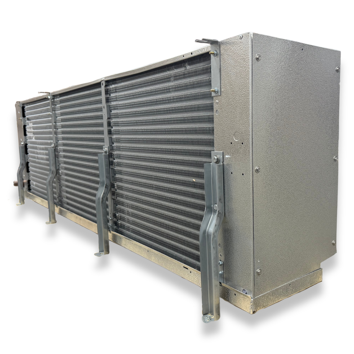 Krack MKD36A-0435RVB Air Defrost Evaporator — supplier gallery view 5; Silver evaporator front side view showing labels.