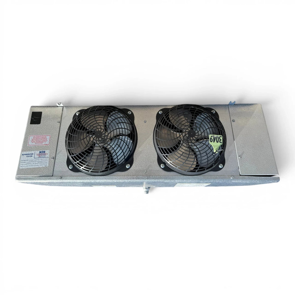 Used RDI LSF-090BK Evaporator #3049 — supplier gallery view 2; Straight-on view of the used RDI LSF-090BK evaporator #3049, showing the two round black-grille fans.