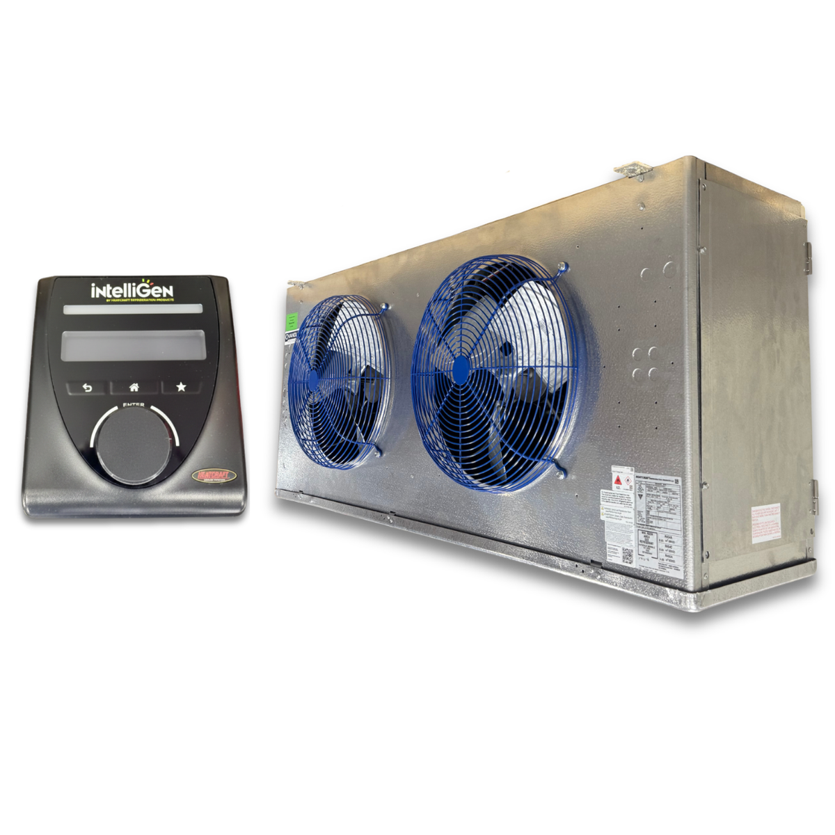 Chandler HEM0475AY8AMAG0210 Air Defrost Evaporator with IntelliGen Controller — supplier gallery view 1; Silver evaporator with two fans front side view showing labels with IntelliGen Controller.