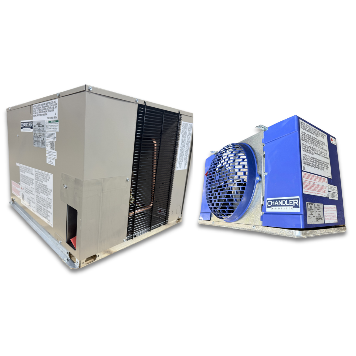 New 0.5 HP Medium Temp System, 1 phase 208-230 volt — supplier gallery view 1; Beige condensing unit front view with a shadow and a blue and gray evaporator unit front view with one fan