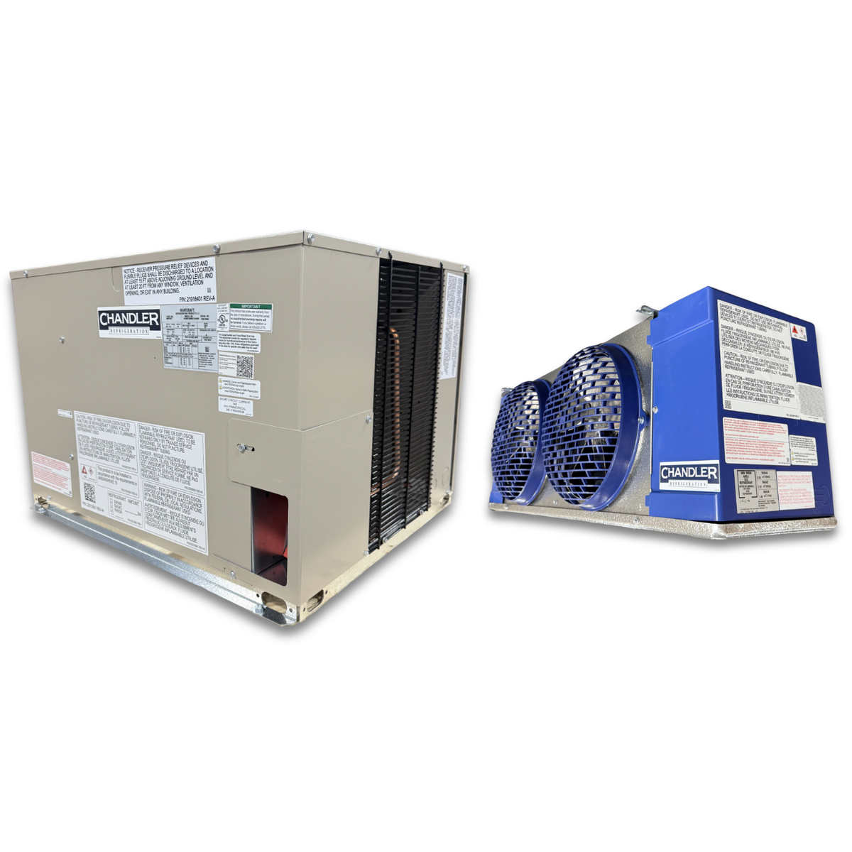 New 1 HP Medium Temp System, 1 phase 208-230 volt — supplier gallery view 1; Beige condensing unit front view with a shadow and a blue and gray evaporator unit front view with two fans