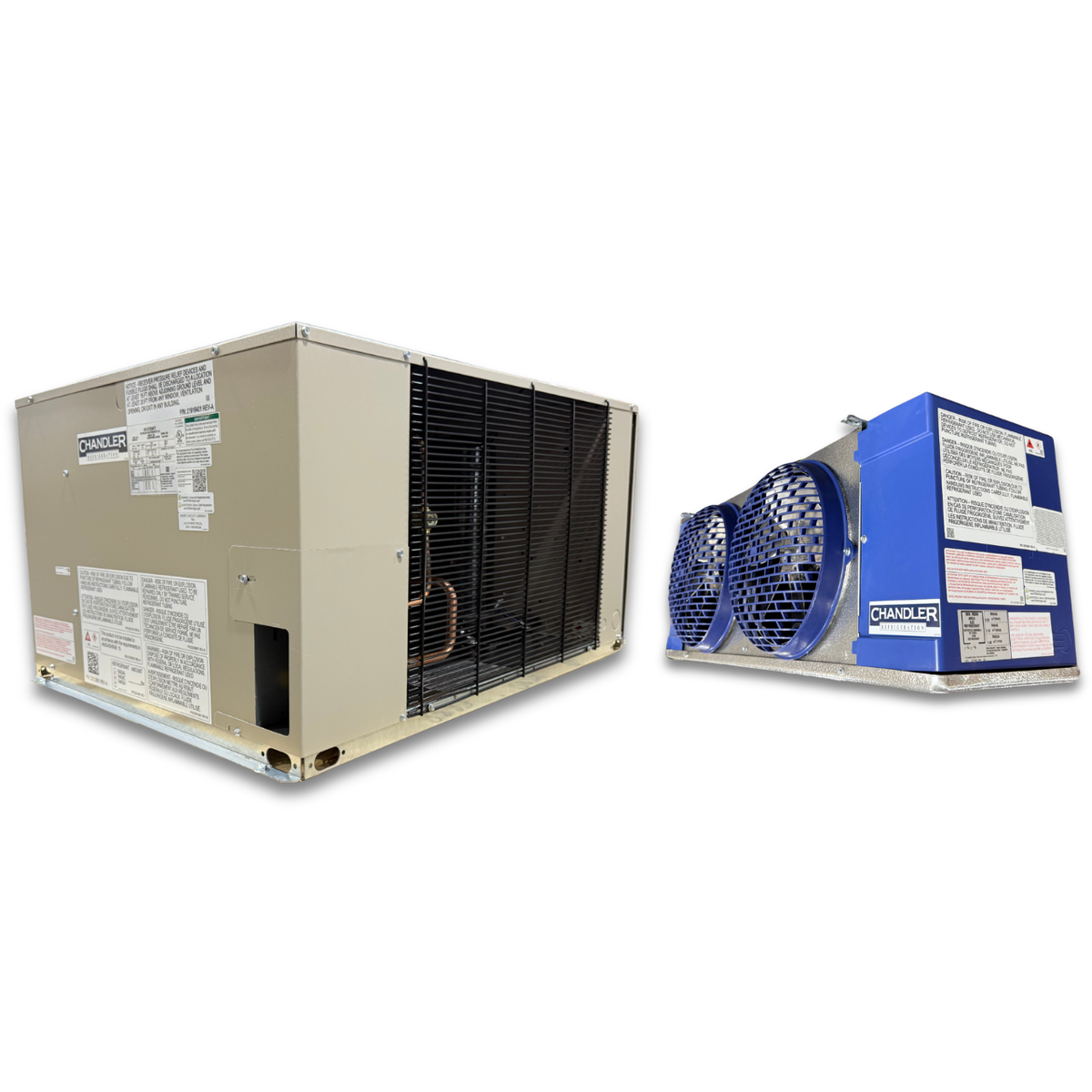 New 1.5 HP Medium Temp System, 1 phase 208-230 volt — supplier gallery view 1; Beige condensing unit front showing the interior and blue/gray evaporator with two fans front side view showing labels.