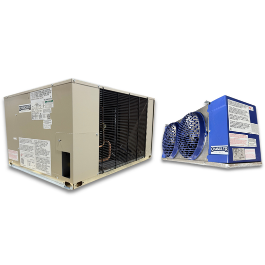 New 1.5 HP Medium Temp System, 1 phase 208-230 volt — supplier gallery view 1; Beige condensing unit front showing the interior and blue/gray evaporator with two fans front side view showing labels.