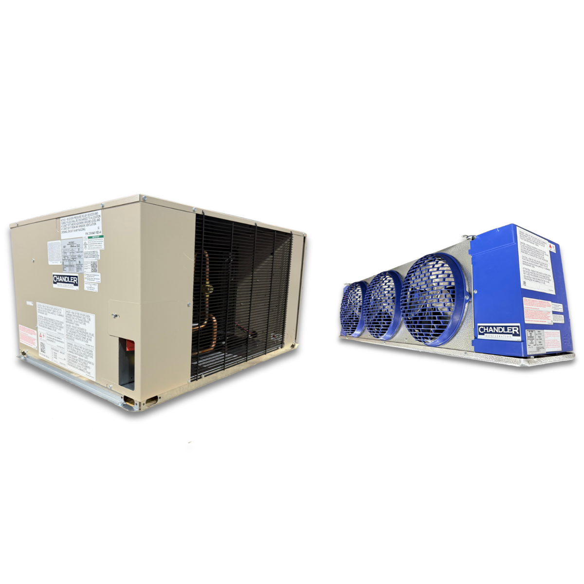 New 2.5 HP Medium Temp System, 1 phase 208-230 volt — supplier gallery view 1; Beige condensing unit front side view showing labels.  Blue/gray evaporator front side view showing labels.