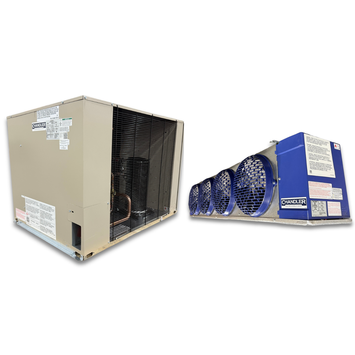 New 3 HP Medium Temp System, 1 phase 208-230 volt — supplier gallery view 1; Beige condensing unit front side view showing labels and blue/gray evaporator with four fans front side view showing labels.