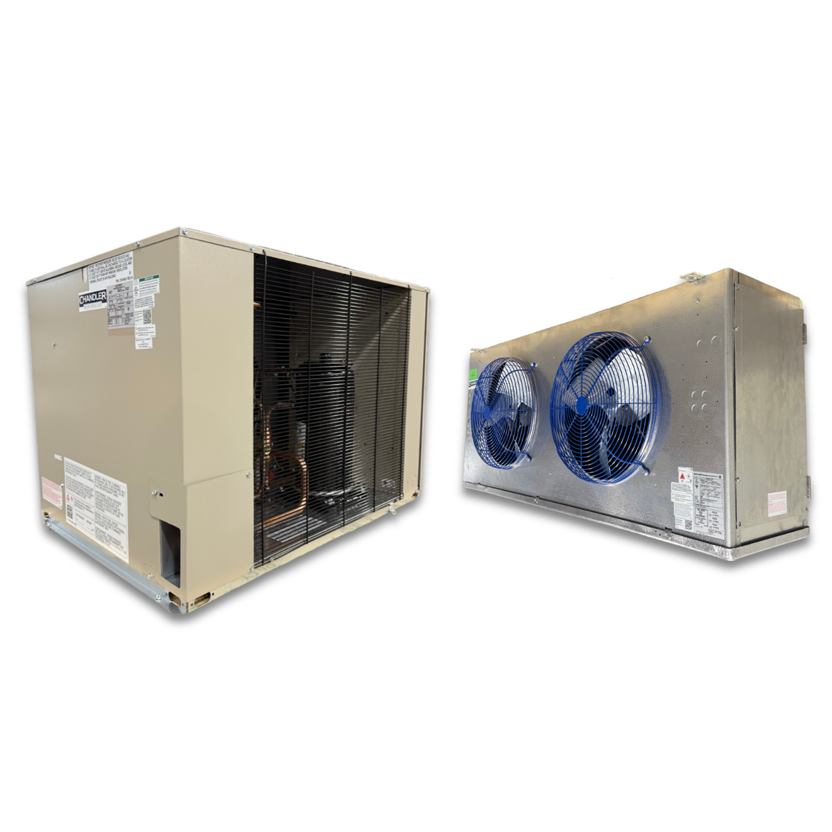 New 5.5 HP Medium Temp System, 1 phase 208-230 volt — supplier gallery view 1; Gray condensing unit front side view showing labels and gray evaporator with two fans front side view showing labels.