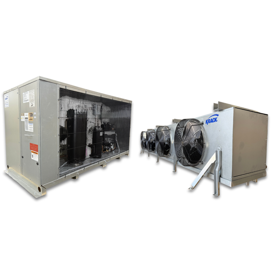New 10 HP Medium Temp System, 3 phase 208-230 volt — supplier gallery view 1; Gray condensing unit front side view showing labels and gray evaporator with four fans front side view showing labels.