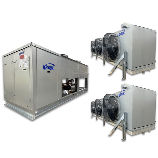 New 15 HP Medium Temp System, 3 phase 460 volt — supplier gallery view 1; Gray condensing unit front side view showing labels and gray evaporator with three fans front side view showing labels.