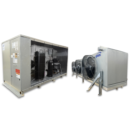 New 7.5 HP Medium Temp System, 3 phase 208-230 volt — supplier gallery view 1; Gray condensing unit front side view showing labels and gray evaporator with three fans front side view showing labels.