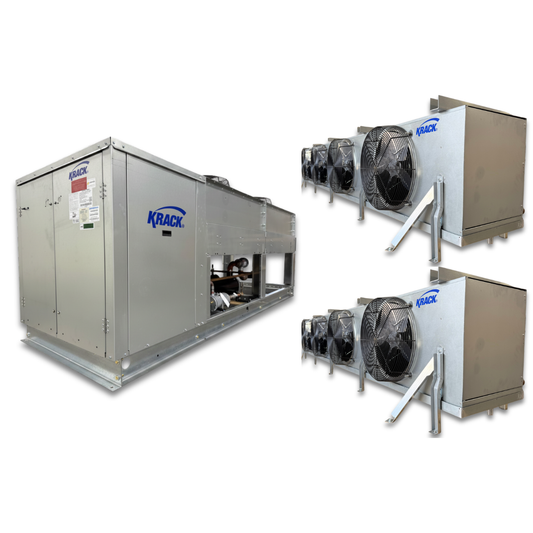 New 25 HP Medium Temp System, 3 phase 460 volt — supplier gallery view 1; Gray condensing unit front side view showing labels and gray evaporator with four fans front side view showing labels.